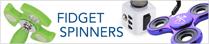 Image features various fidget spinners, including a green one, a white cube, and a purple spinner, with the text "Fidget Spinners."