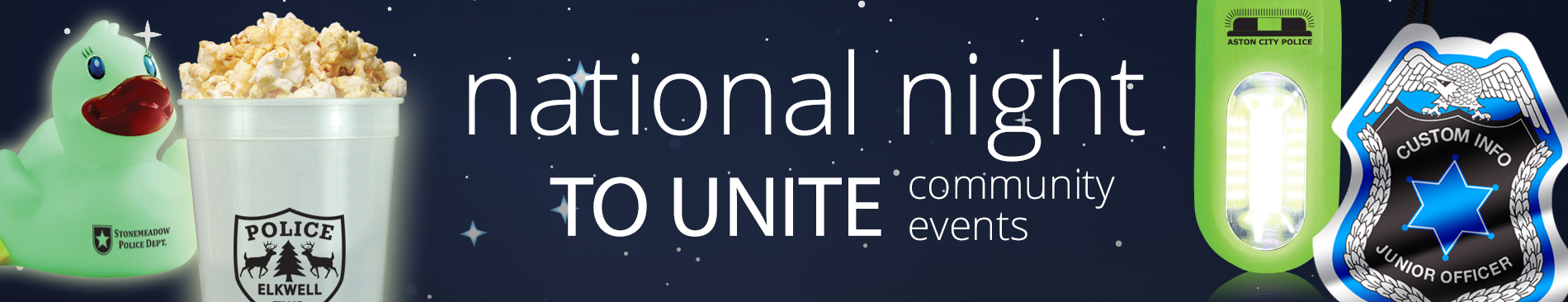 A promotional banner for National Night Out, featuring a rubber duck, popcorn, a flashlight, and a police badge.